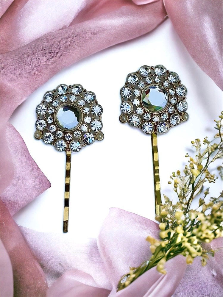 Pair of rhinestone hair combs or hair pins - all white rhinestones trimmed with tiny faux baby pearls
