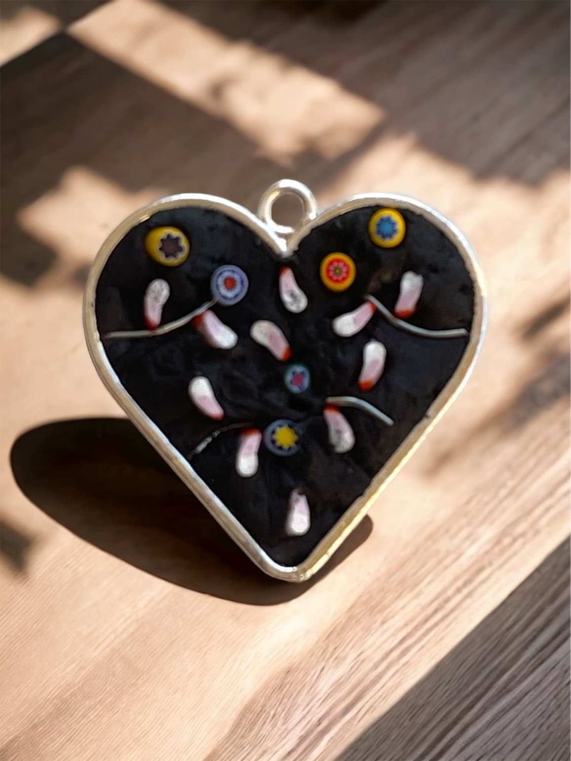 Handmade micro mosaic heart shaped flower garden necklace  - made of handcut pieces of Italian millefiori glass and wire
