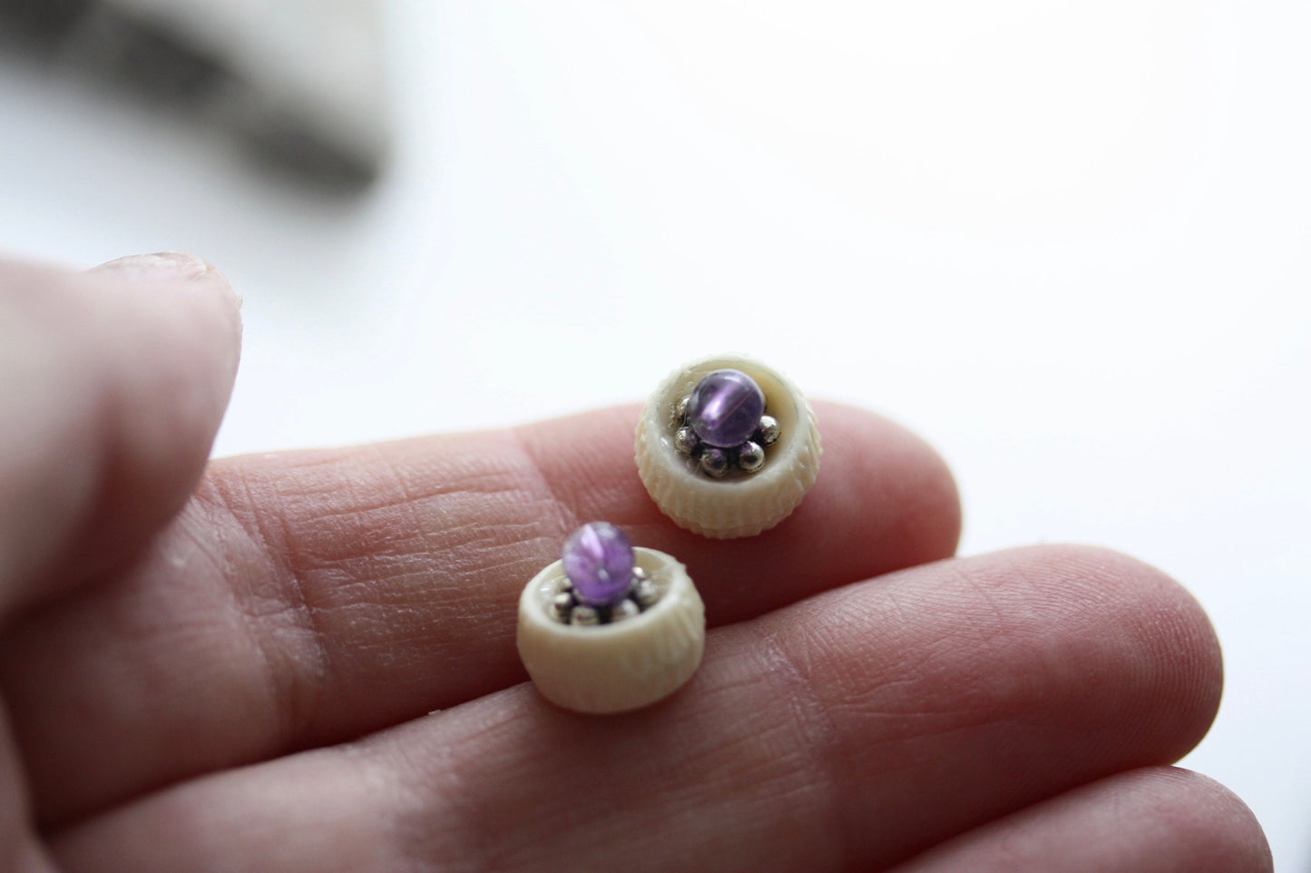 Tiny barely-there purple amethyst in silvertone minimalist stud earrings