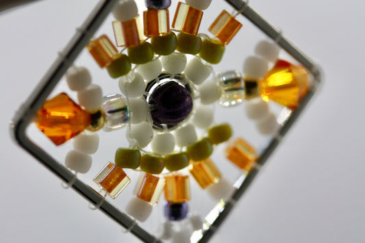 Orange, green, purple and white crystal and intricate beadwork small square dangle earrings