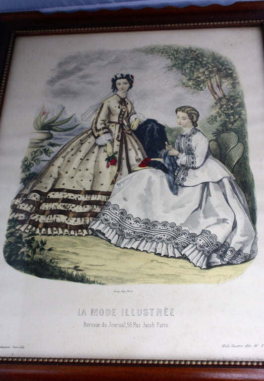 Framed antique FRENCH FASHION PLATE La Mode Illustree 1862 Fashion Illustration - 21" x 17" - Antique Fashion Print