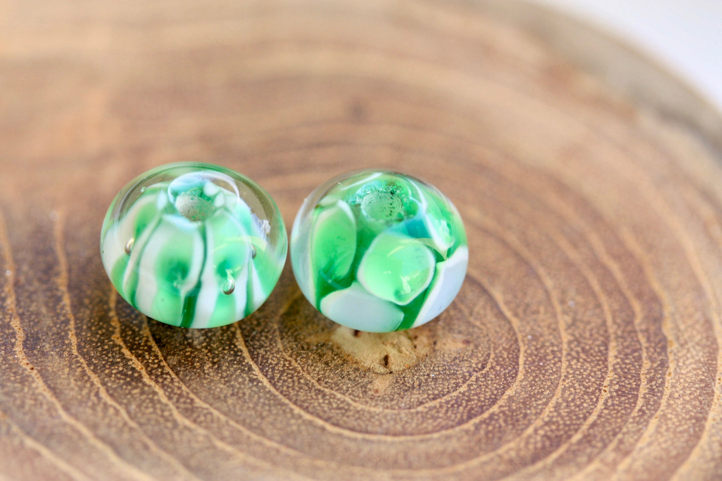 Two stunning vintage glass beads - shades of green and white