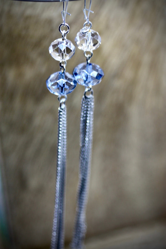 Ultra long, ultra sexy blue and white faceted crystals with metal tassel handmade earrings with vintage components
