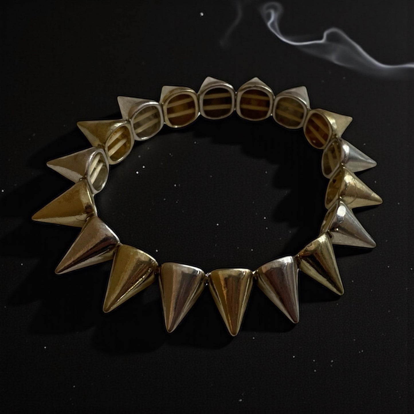 Goldtone and Silvertone Spike Stretch Bracelet – Vintage Mixed Metal Statement Jewelry, Retro Punk Style