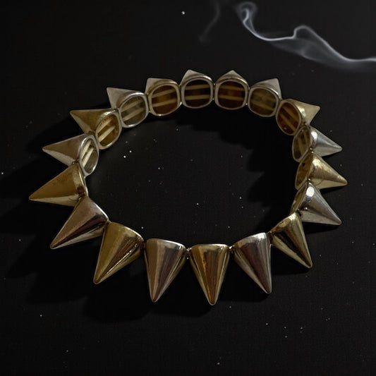 Goldtone and Silvertone Spike Stretch Bracelet – Vintage Mixed Metal Statement Jewelry, Retro Punk Style