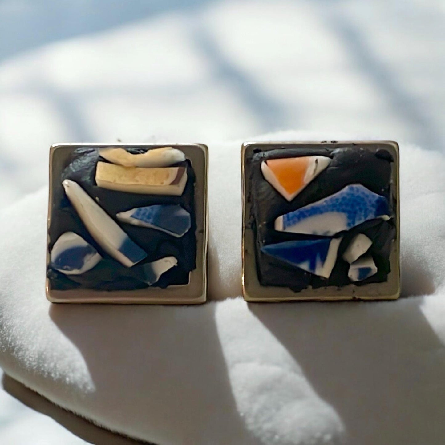 Square Stud Earrings: Vintage Dish Mosaic - Handcrafted Glass