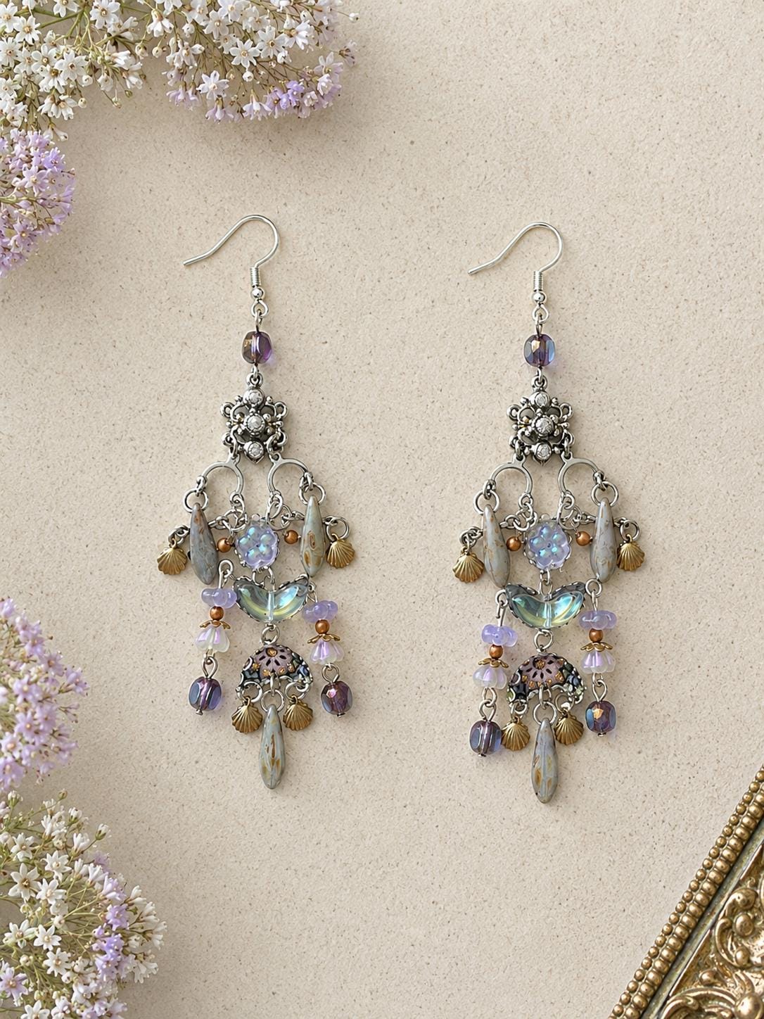 ONE OF A KIND Wearable Art Chandelier Earrings | Czech Glass, Vintage Rhinestones, Silk & Mixed Metal Statement Earrings
