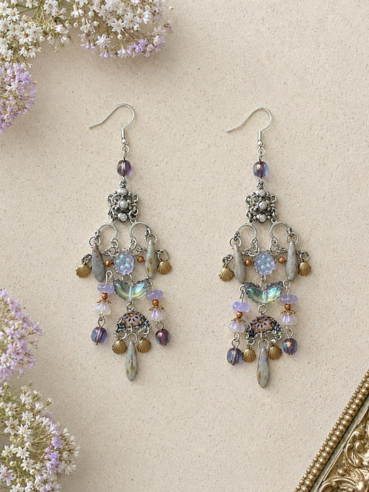 ONE OF A KIND Wearable Art Chandelier Earrings | Czech Glass, Vintage Rhinestones, Silk & Mixed Metal Statement Earrings