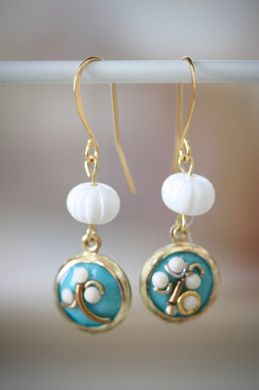 Sweet handmade white dotted blue floral dangle earrings
