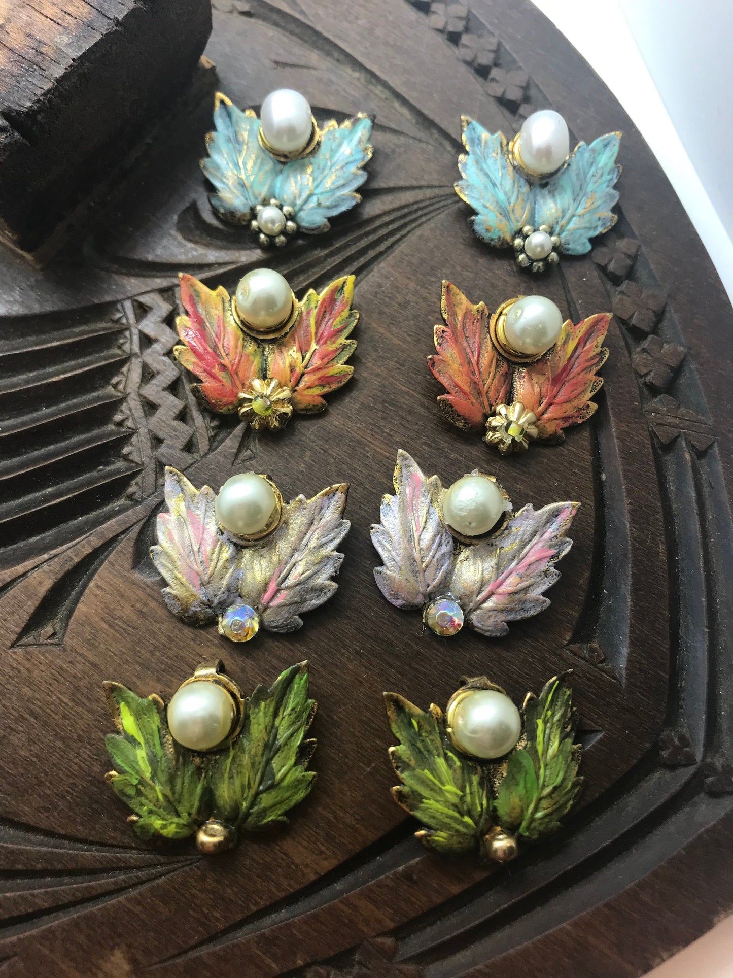 Revised, Modernized, upcycled repurposed - hand painted vintage earrings, trimmed with pearls, faux pearls, Swarovski cyrstals, rhinestones