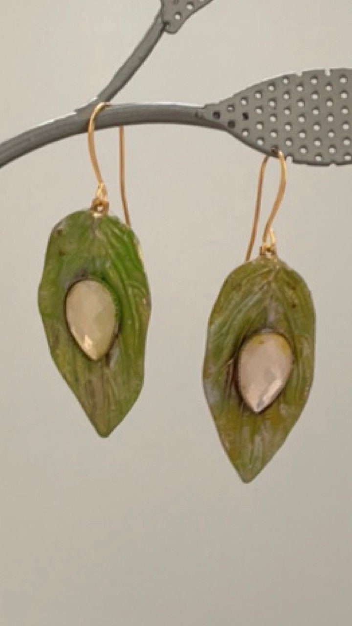 Handmade dangle earrings - Hand painted upcycled vintage leaf earrings with inlaid light pink cabochan