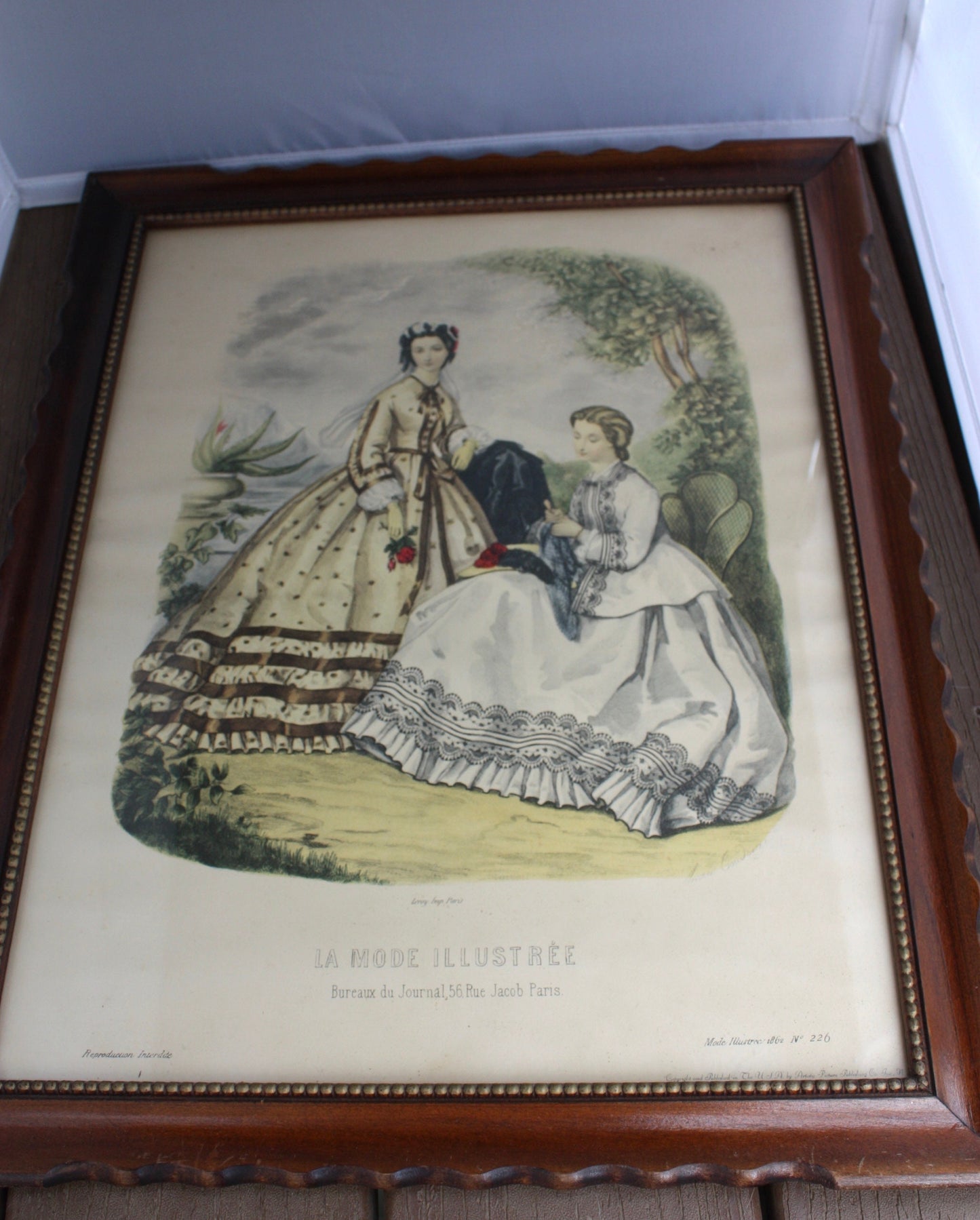 Framed antique FRENCH FASHION PLATE La Mode Illustree 1862 Fashion Illustration - 21" x 17" - Antique Fashion Print