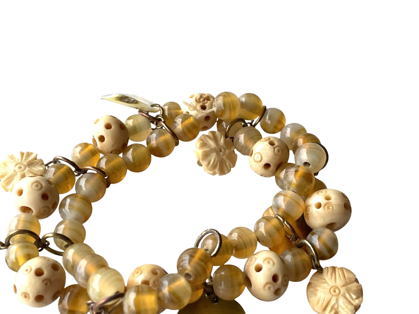 Vintage Beaded Charm Bracelet • Honey Amber Glass Beads • Carved Bone Beads • Mother of Pearl Charms • Boho Artisan Bracelet