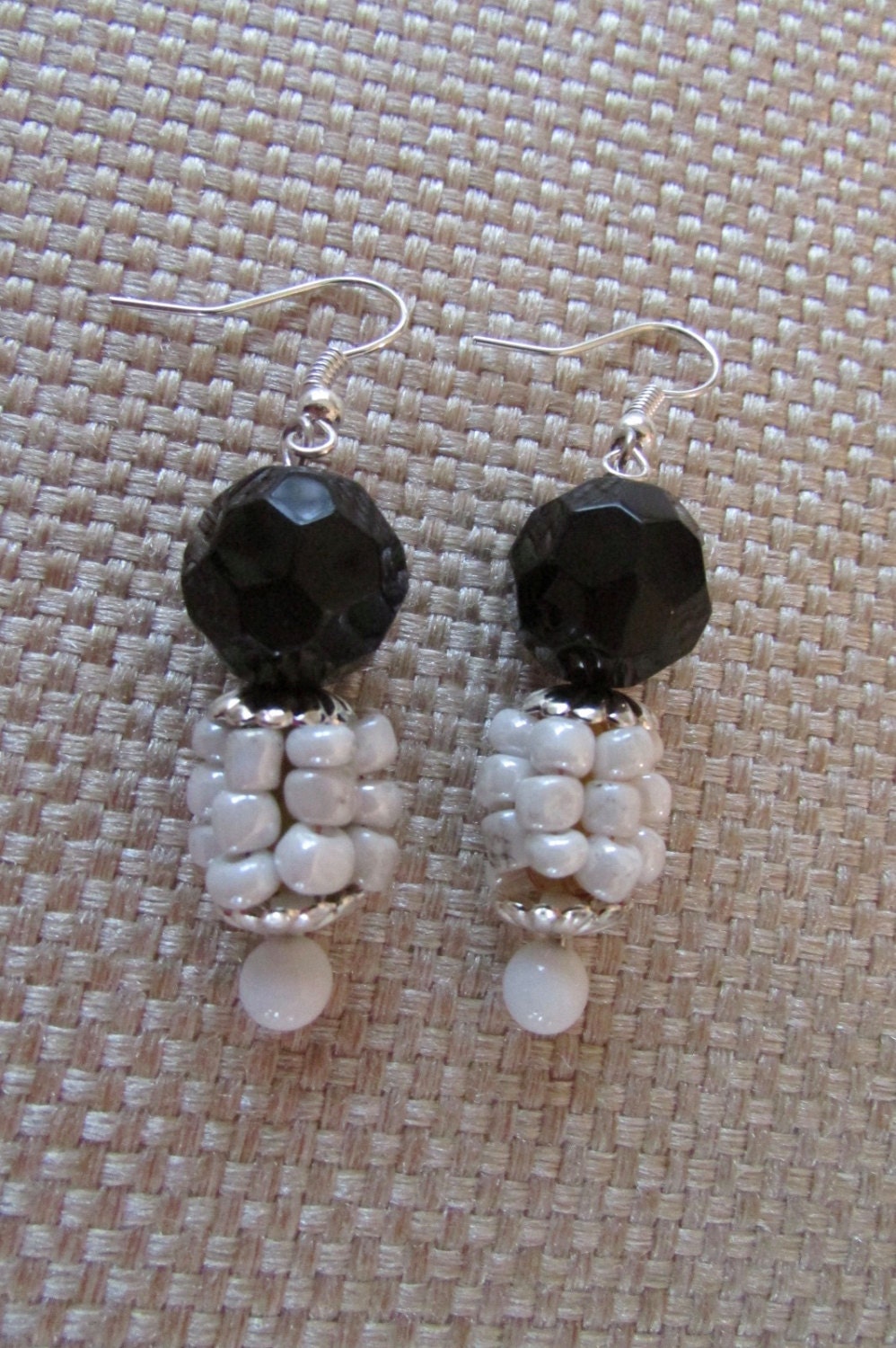 Black and white beaded dangle earrings