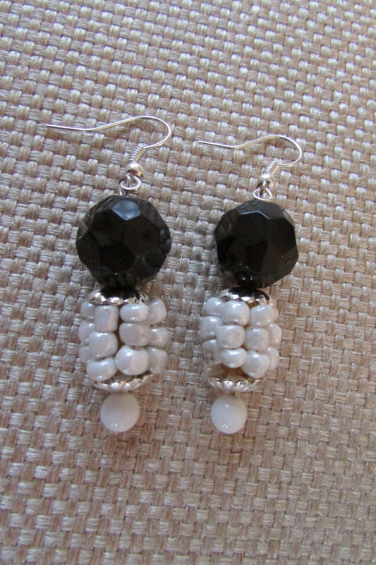Black and white beaded dangle earrings