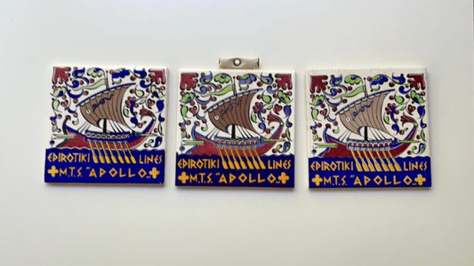 Set of 3 stunning vintage handmade IKAROS RHODES POTTERY tiles from Rhodes Greece - Icaros and H&R Johnson - 4"