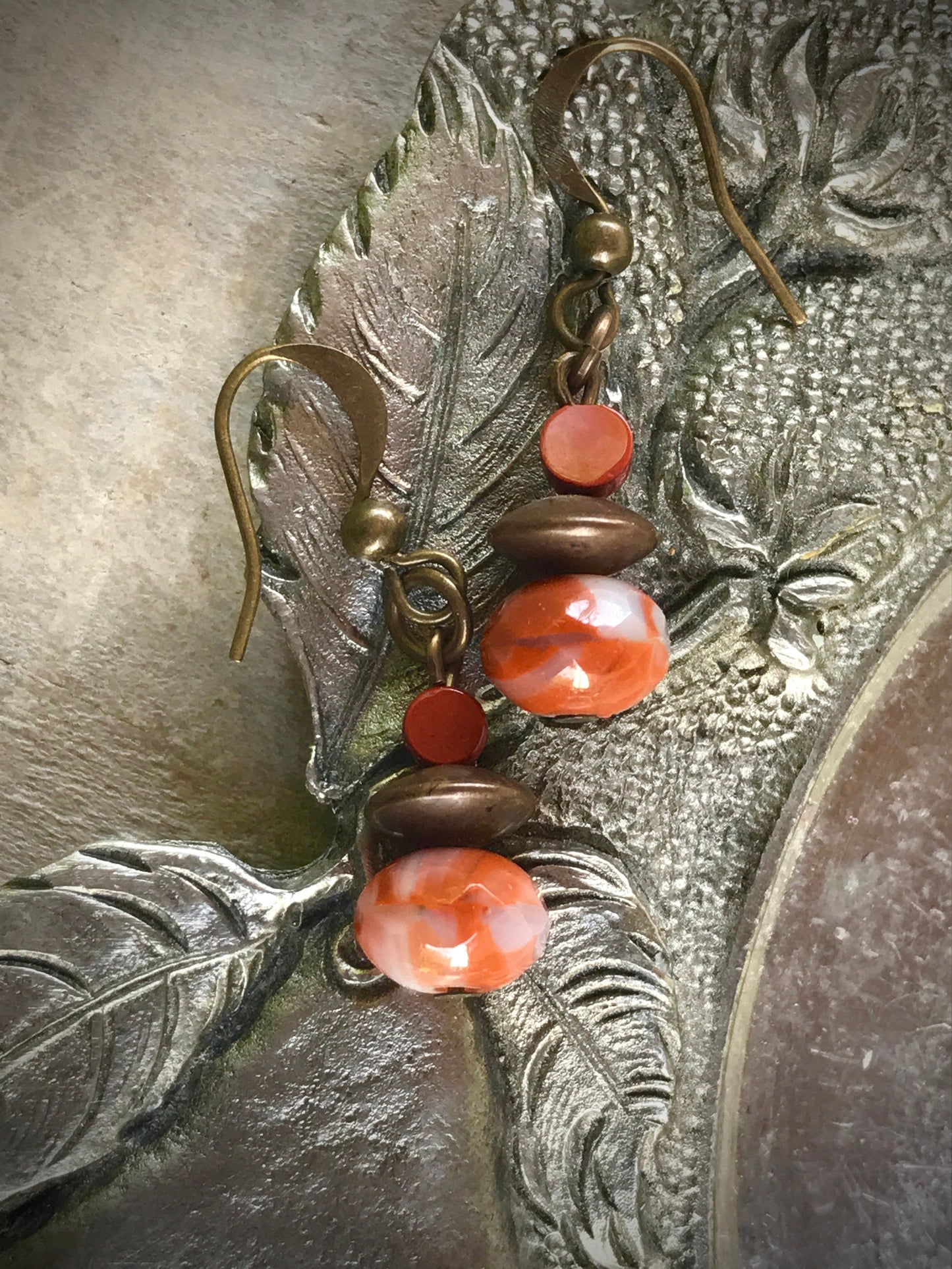 Stunning vintage orange faceted semi-precious stone and metal dangle earrings