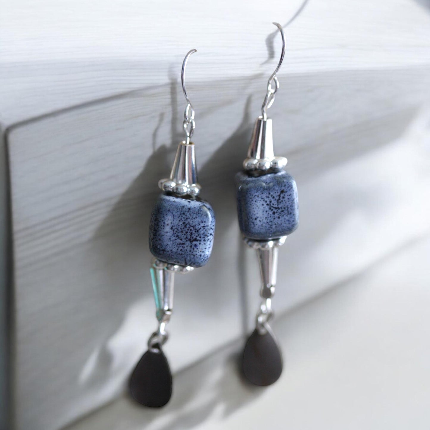 Speckled blue clay pottery cube with metal cones and dangles - 2 and one-half" long earrings