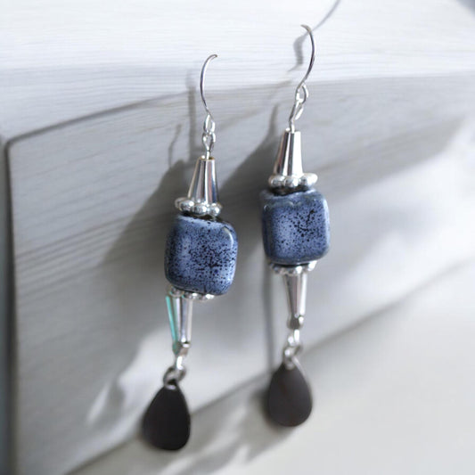 Speckled blue clay pottery cube with metal cones and dangles - 2 and one-half" long earrings