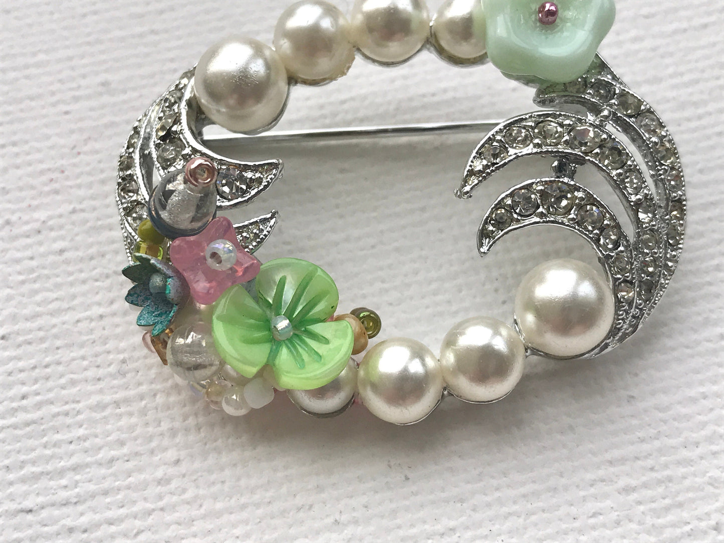 Revised, Modernized, Upcycled - hand made / hand painted one-of-a-kind mixed media beaded vintage wreath flower pin brooch