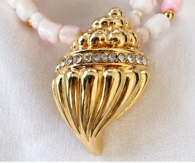 Lucite Shell Necklace Vintage KJL Avon 36 Inch Pink White Gold Tone