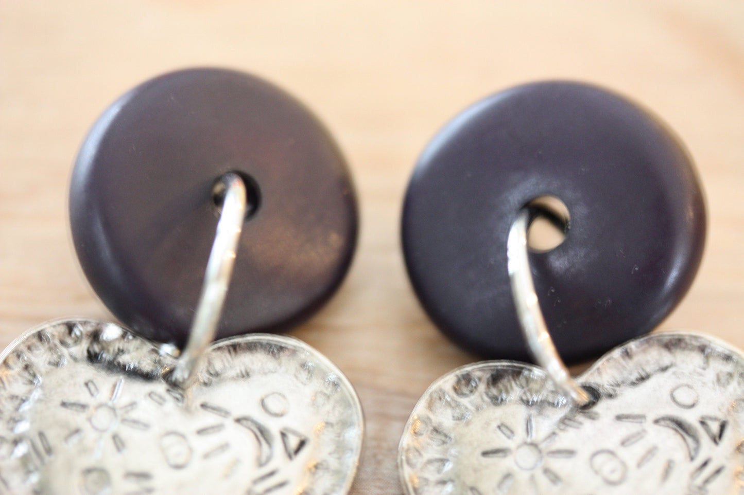 Unique hammered hearts vintage silvertone and wood dangle earrings