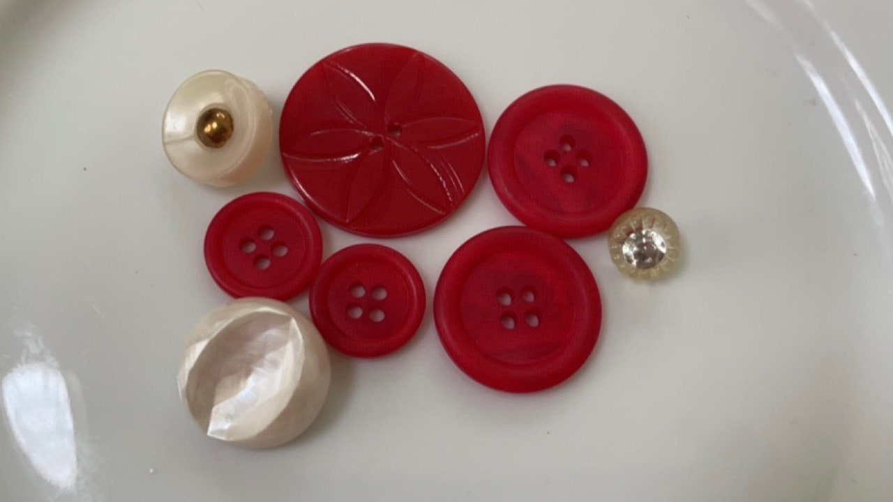 Button mix lot - red and white vintage buttons - rhinestones, pearlescent, etched, etc. various sizes and materials