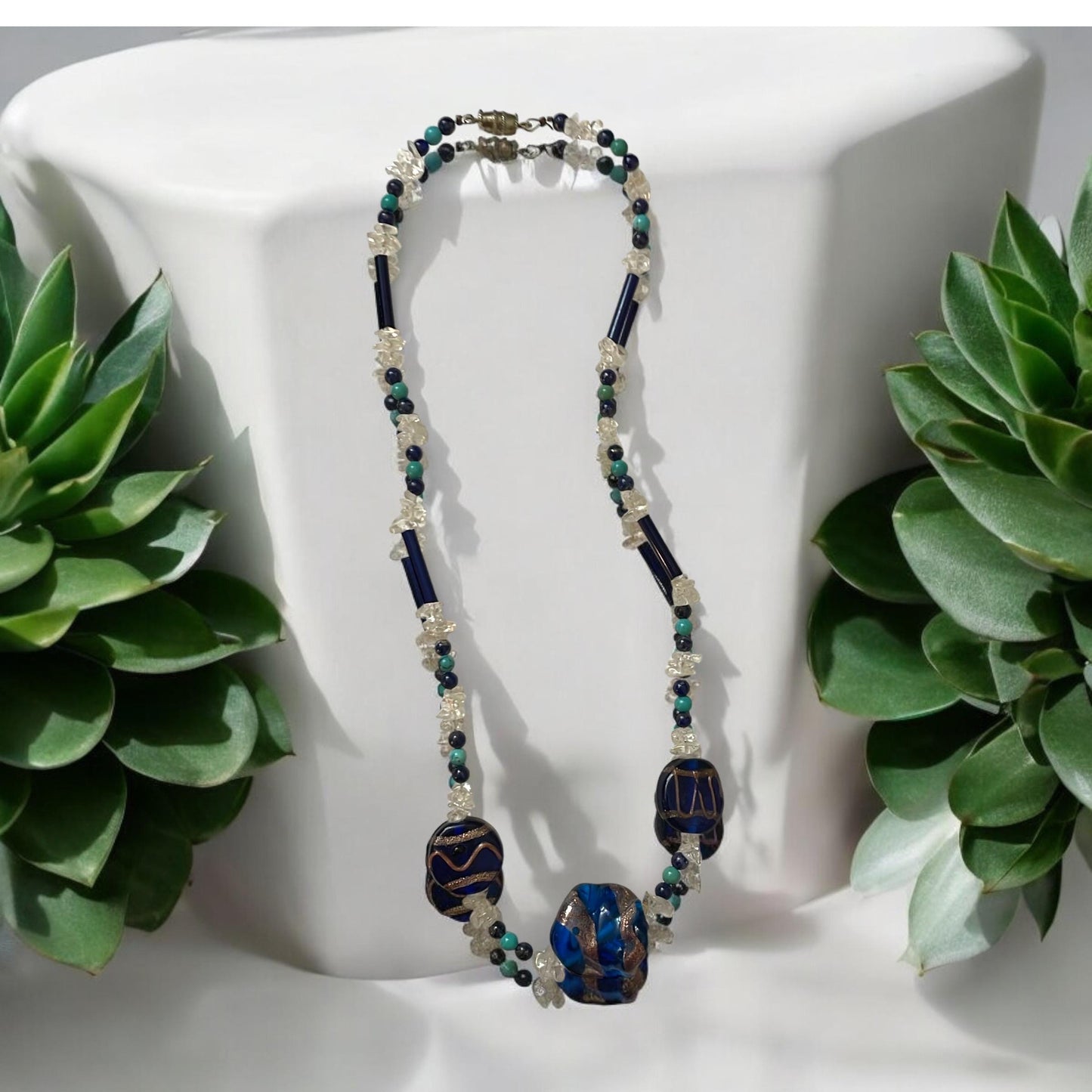 Cobalt blue art glass beaded necklace with semi precious stone chips, black tubes and turquoise/black beads