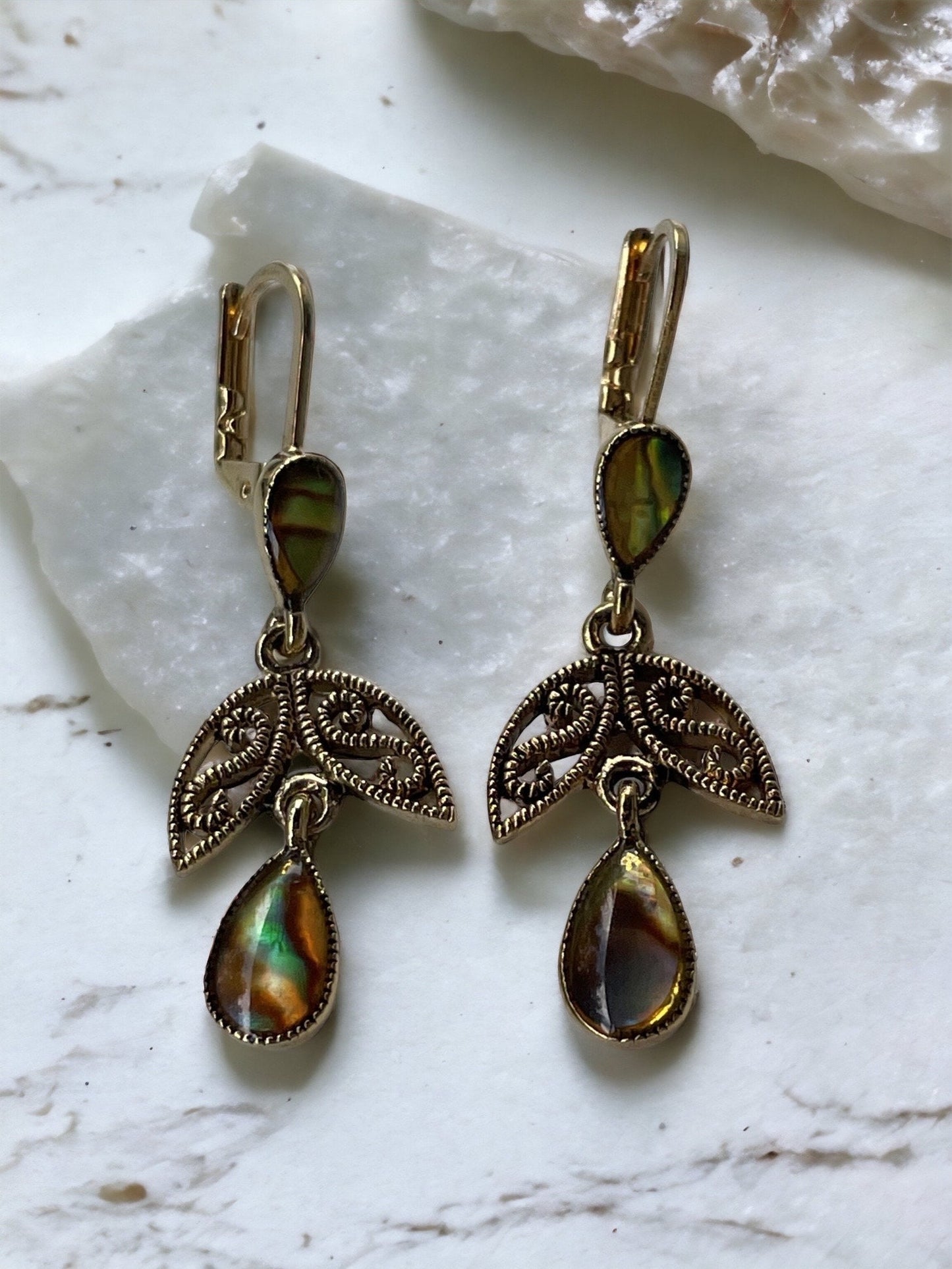 Stunning vintage faux abalone shell clip on dangle earrings