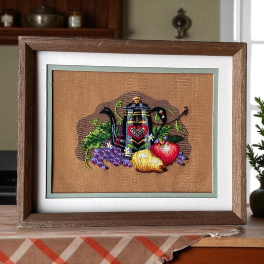 Matted and framed vintage teapot and fruit needlepoint - perfect for a kitchen wall