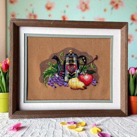 Matted and framed vintage teapot and fruit needlepoint - perfect for a kitchen wall
