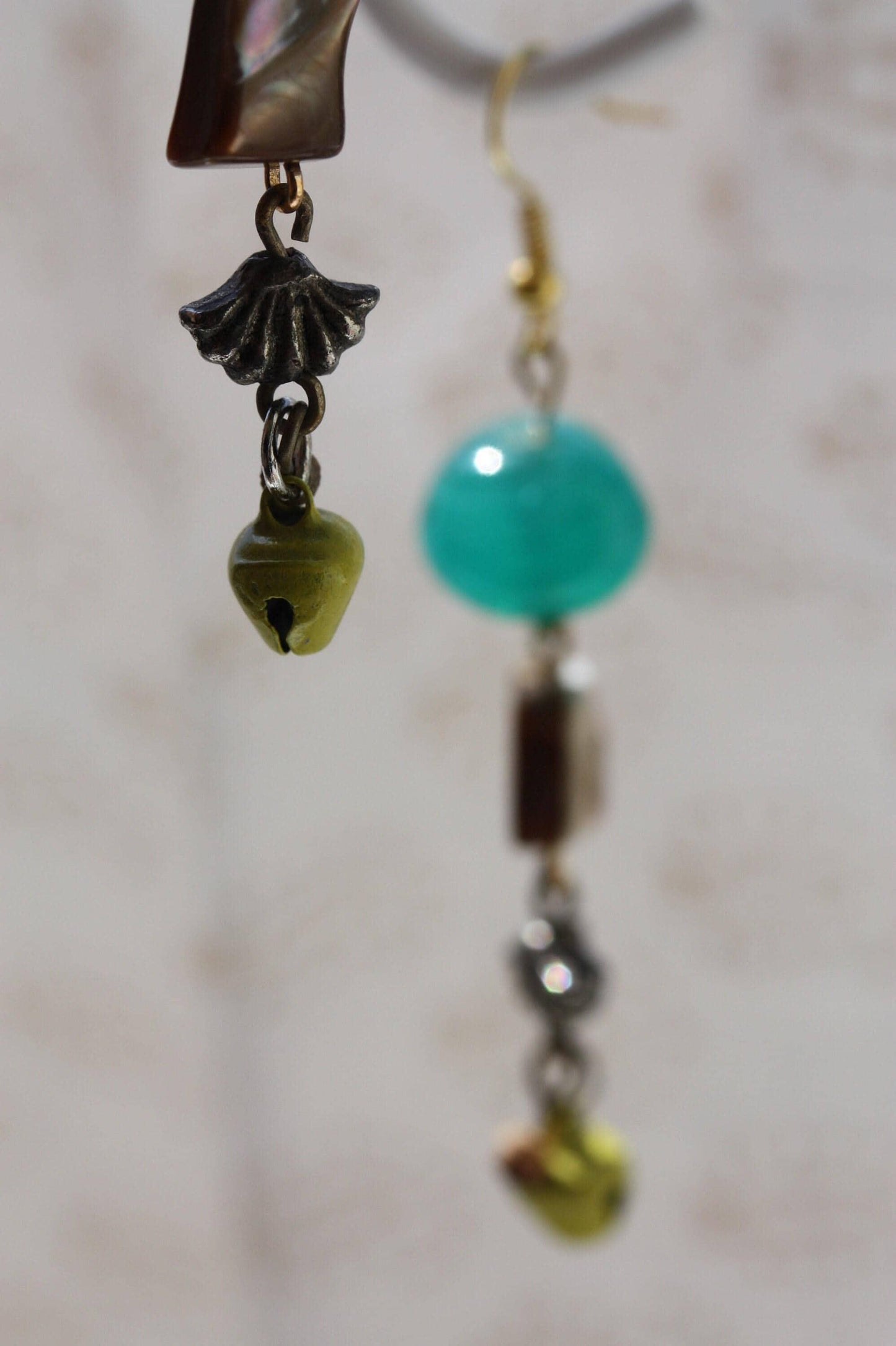 Handmade Vintage Turquoise Glass Earrings - Abalone Shell Dangle Earrings - Mustard Yellow Bell Beads - Boho Statement Earrings