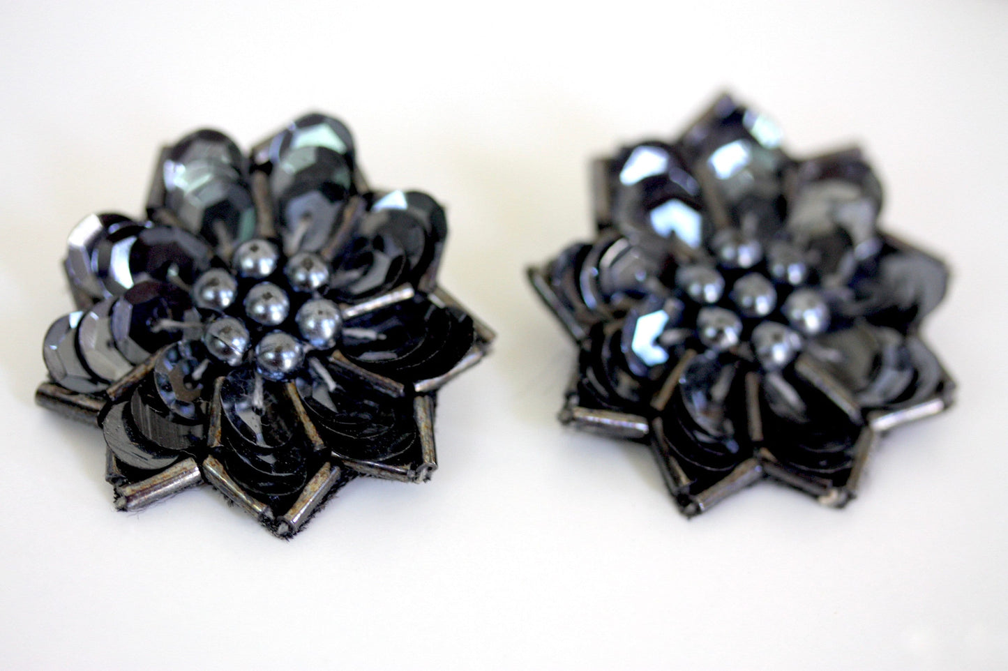 Vintage black sequin, black faux pearl and matching beadwork handmade floral fabric earrings