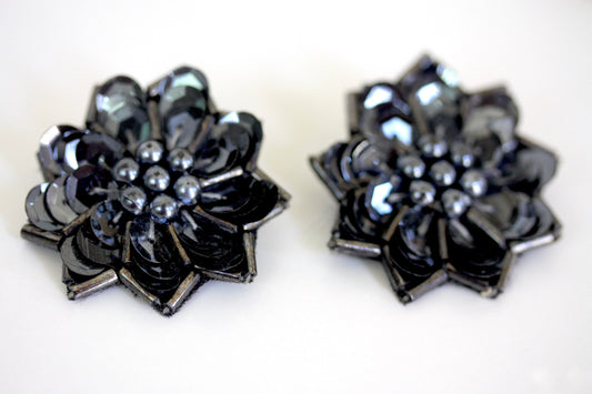 Vintage black sequin, black faux pearl and matching beadwork handmade floral fabric earrings