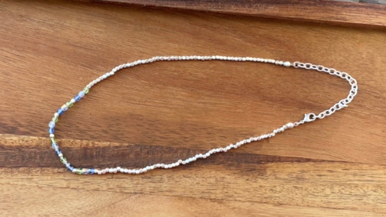 Minimalist necklace - tiny blue and green crystals with tiny silver cubed beads