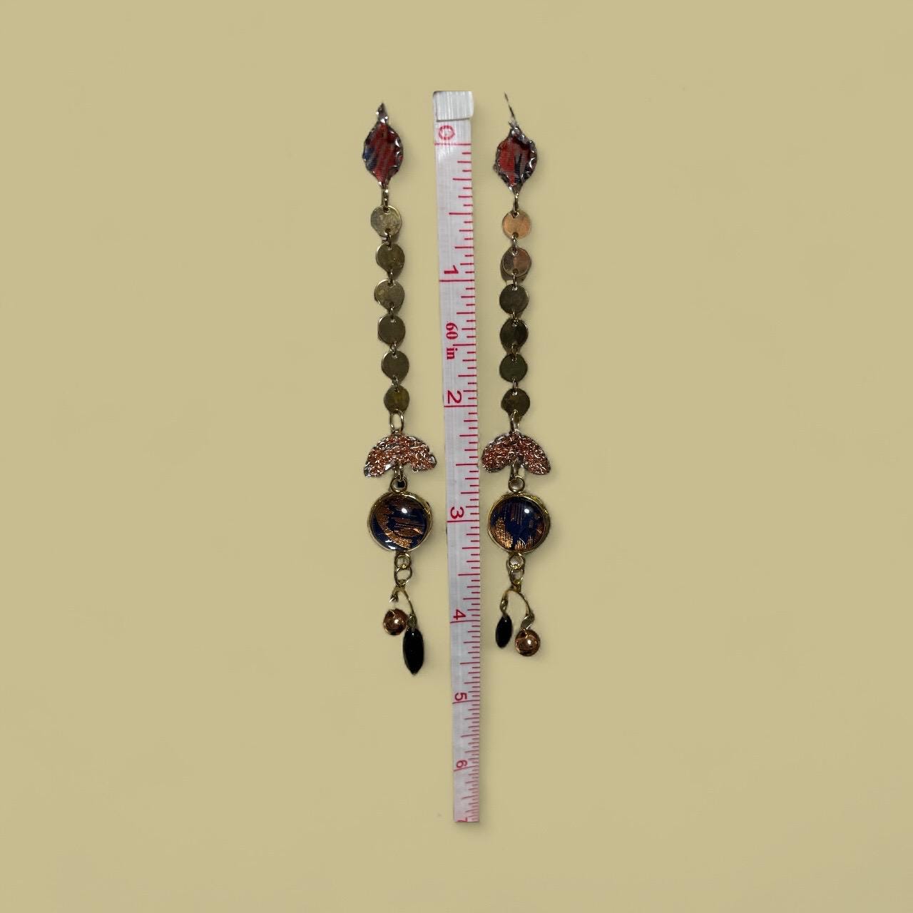 Handmade Long Boho Dangle Earrings – Mixed Metal & Fabric Statement Earrings, Artistic Drop Jewelry with Beads, Modern Design - "Red Sky"