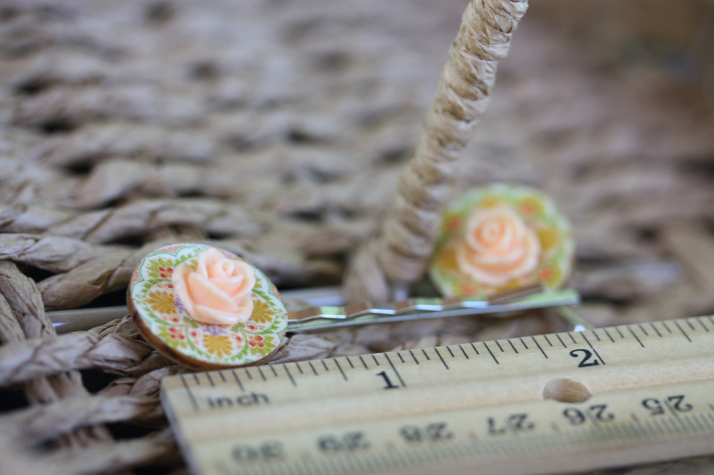Mixed material handmade hair pin - floral finished wood