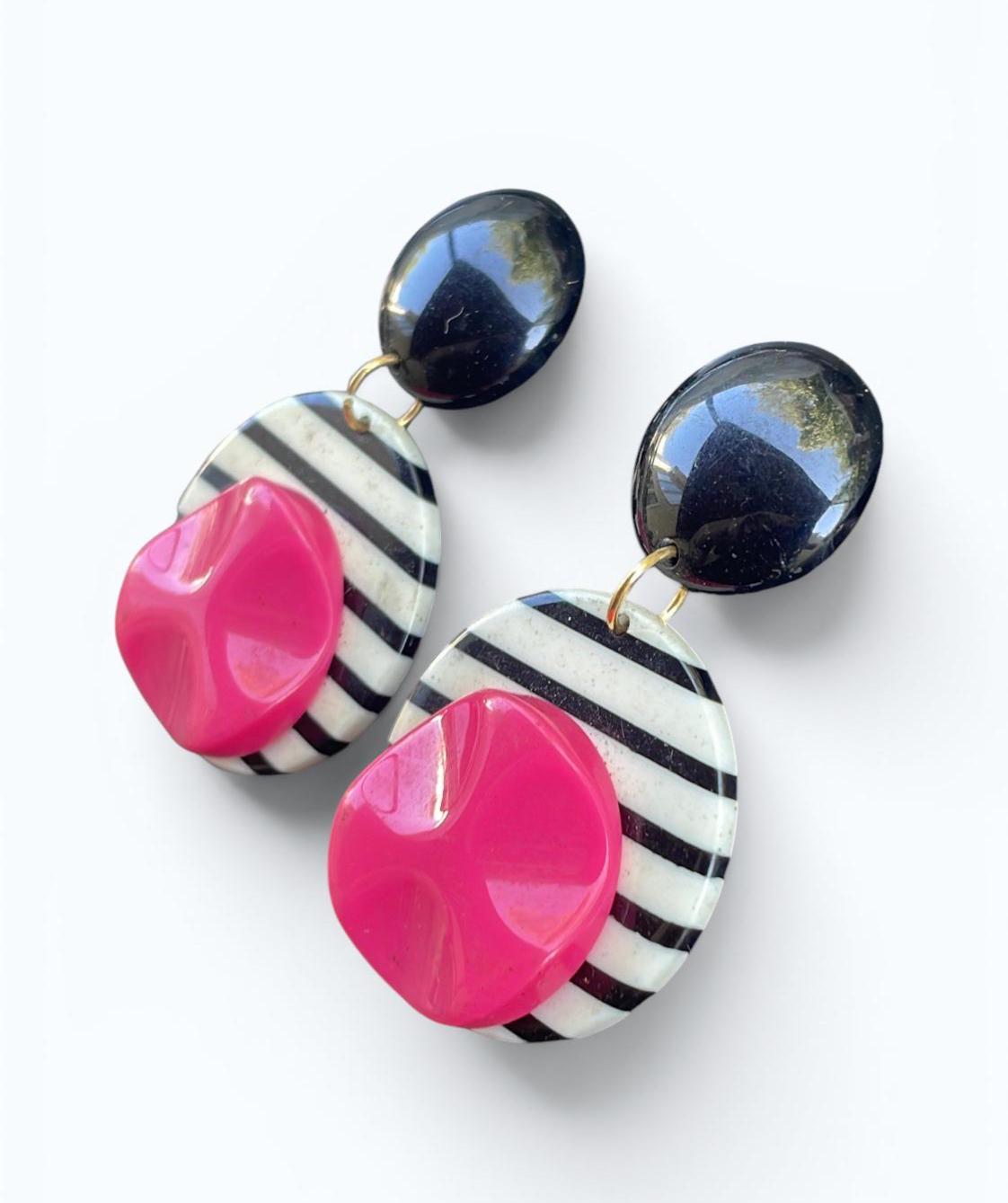 Vintage 1980s Black White Pink Statement Earrings | Bold Geometric Dangle Earrings | Memphis Style Retro Jewelry | Pierced Earrings