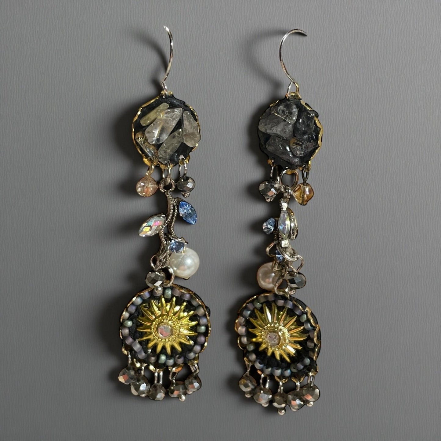 Celestial Sunburst Dangle Earrings – Handmade Boho Statement Jewelry with rutilated quartz,  rhinestones, faux pearls & Beads