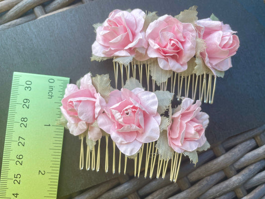 Pink faux flower hair combs - 1 pair