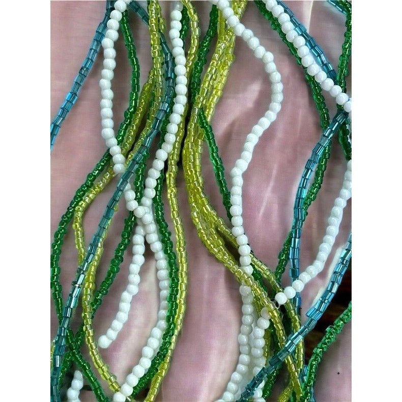 Shades of green, turquoise and white multi stranded vintage beaded necklace