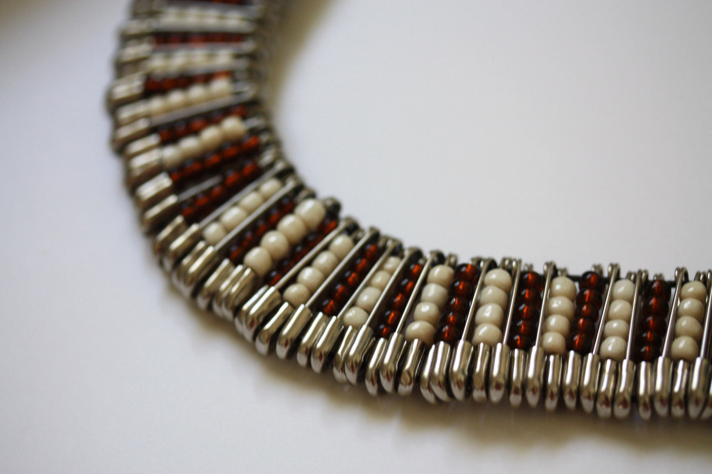 Stunning and unique vintage necklace - made of brown and cream glass seed beads and safety pins - statement jewelry - statement necklace