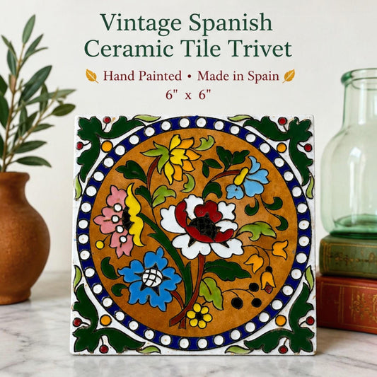 Vintage Spanish Ceramic Tile Trivet, Hand Painted Floral Tile, Mediterranean Pottery Decor, Made in Spain Coaster