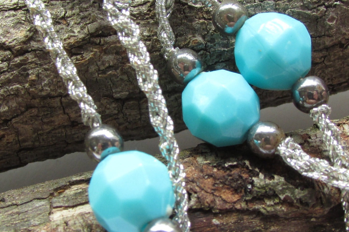 Blue & white beaded vintage necklace on tiny crocheted silvery thread