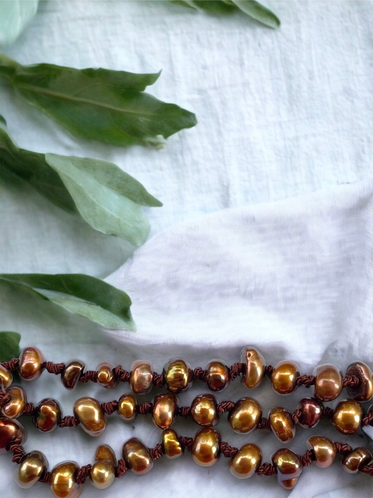Stunning bronze pearl vintage bracelet - three strands of freshwater pearls