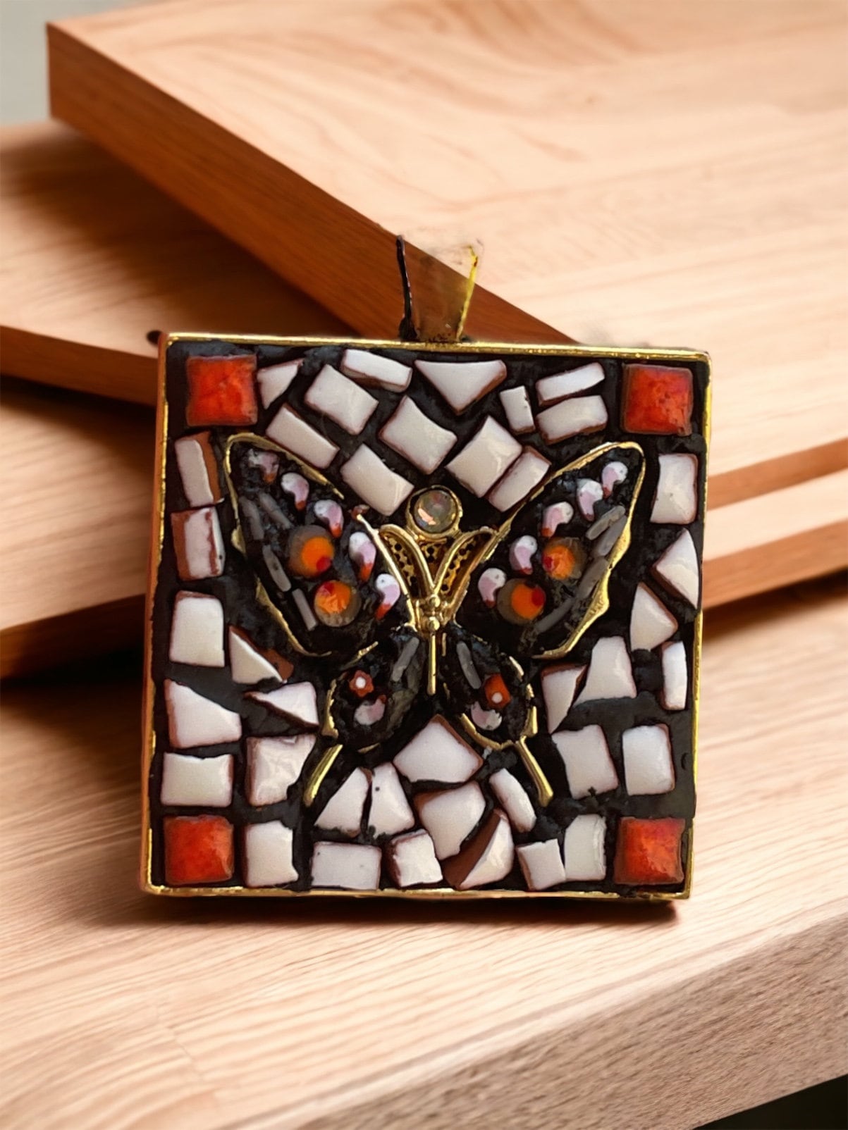 Handmade mixed material hand cut tile and Italian micro mosaic glass - square butterfly necklace
