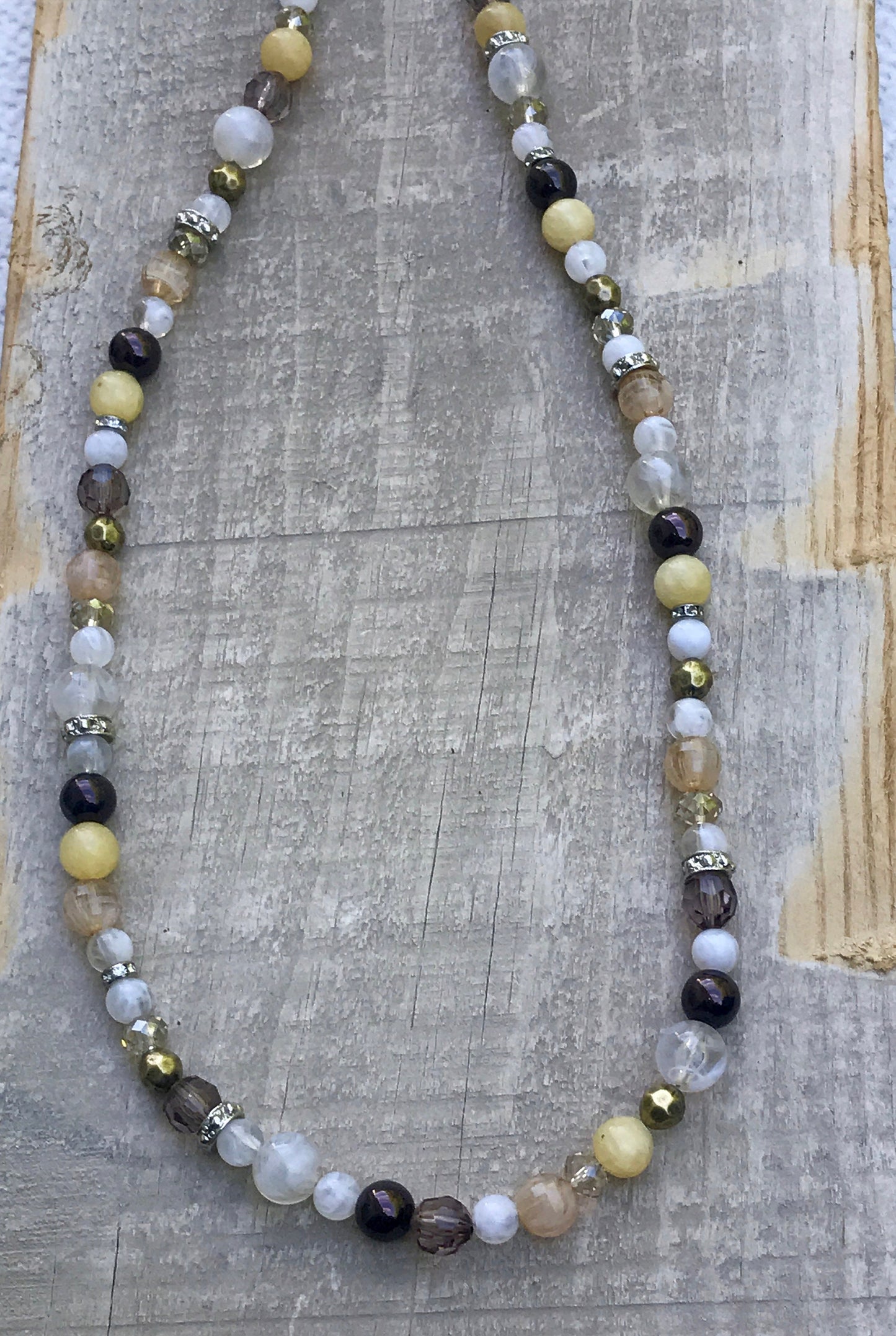 Long vintage beaded necklace - mixed material - swirled glass, crystal, metal, rhinestone, spacers