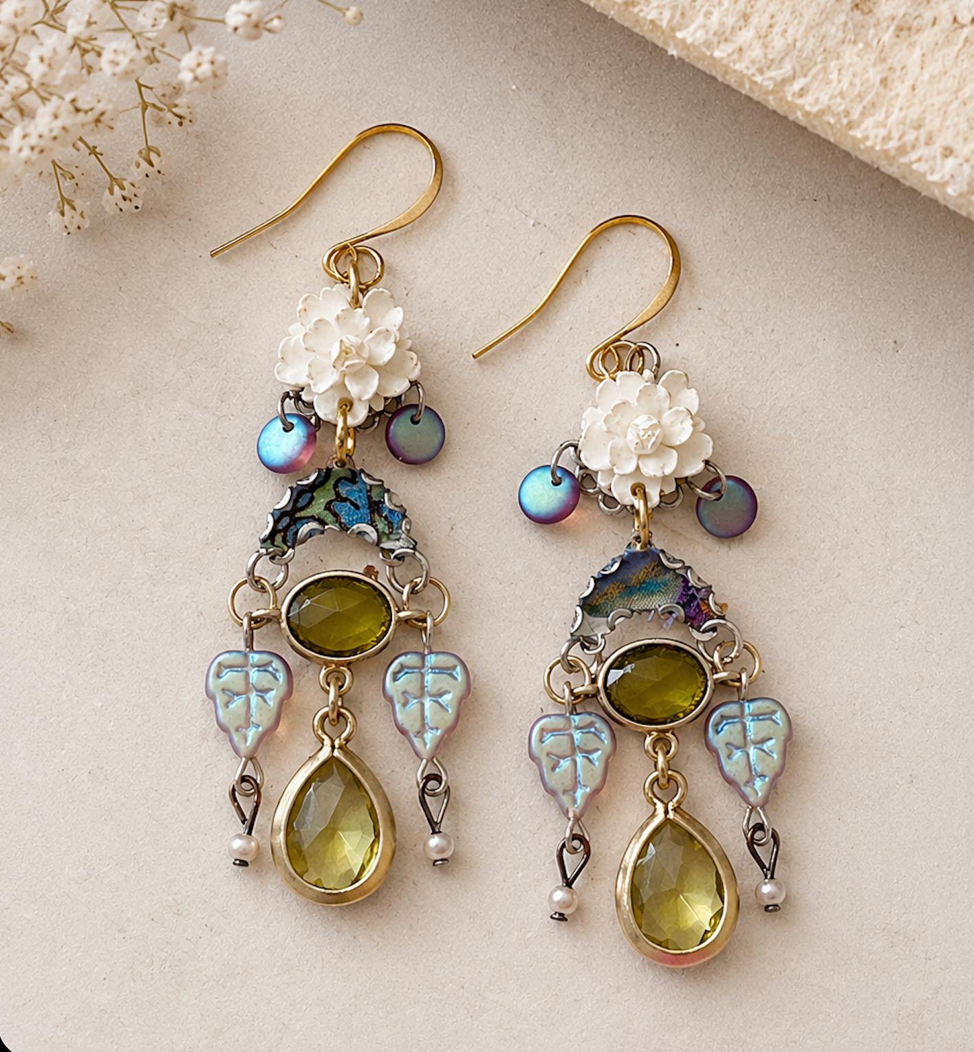 Handmade Vintage Rose Statement Earrings | Upcycled Goldtone Crystal, Iridescent Glass & Vintage Silk Earrings
