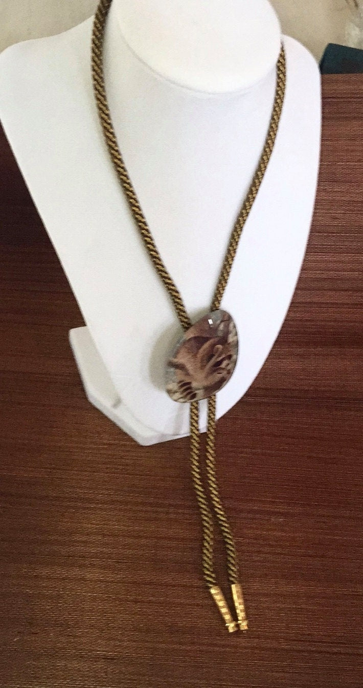Unique upcycled / repurposed unique eyeglass raccoon vintage artisan bolo necklace