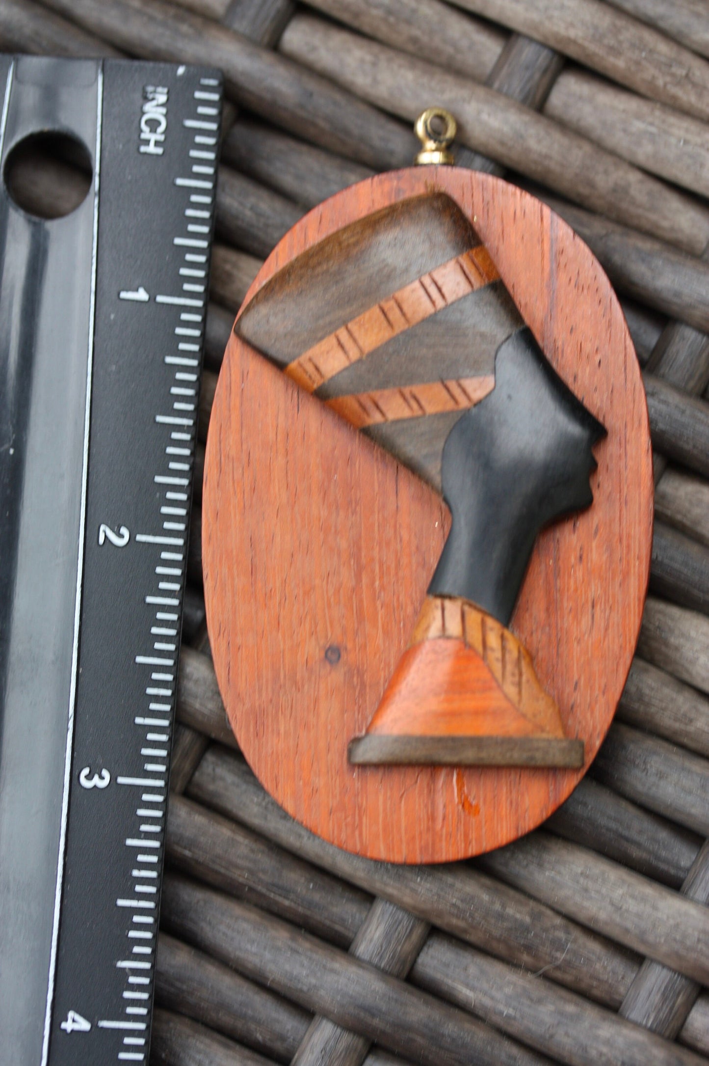 Stunning vintage inlaid wood carved sculptural African woman necklace pendant
